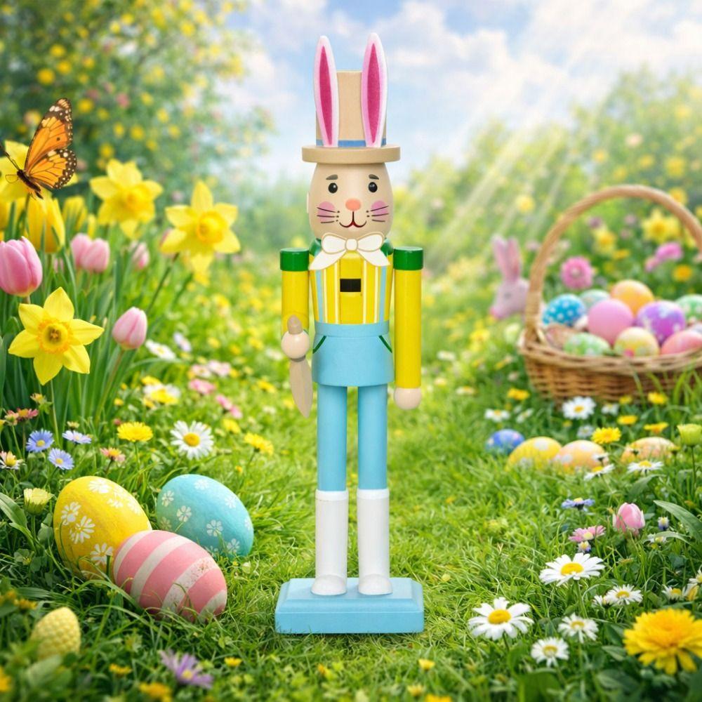 Kid Gift Cute Easter Rabbit Nutcracker Smooth Handmade Wooden Bunny Statue Realistic Bunny Nutcracker Figures Party Scene Prop