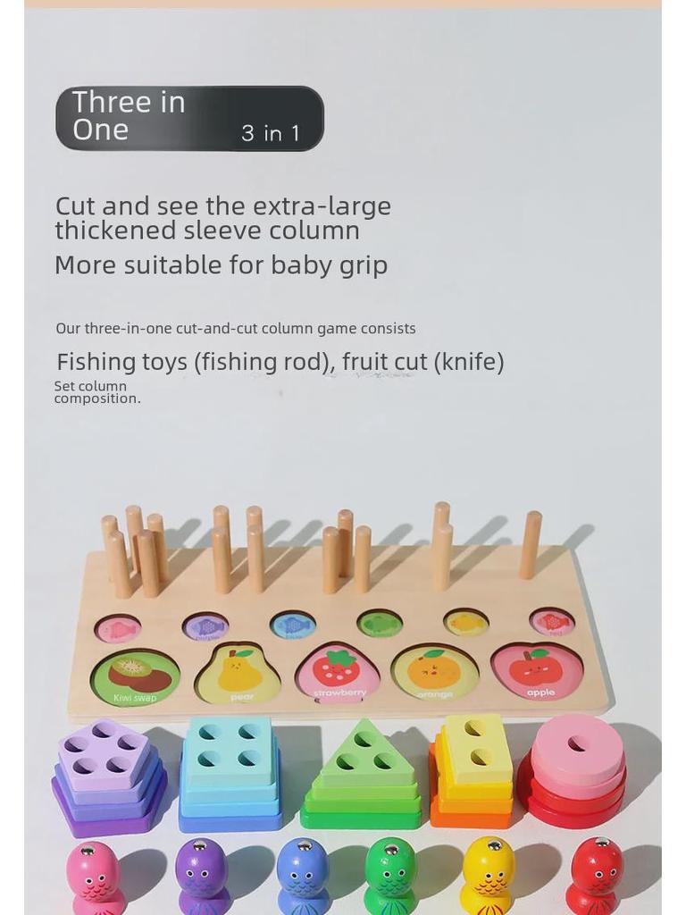 Children's Educational Toy Set: Shape, Color Matching, Building Blocks, Fishing Game, and Fruit Cutting.