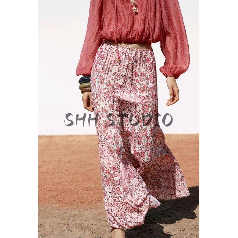 Summer New Arrival Women's Layered Stitching Big Swing Bohemia Retro Print Long Skirt 5029090
