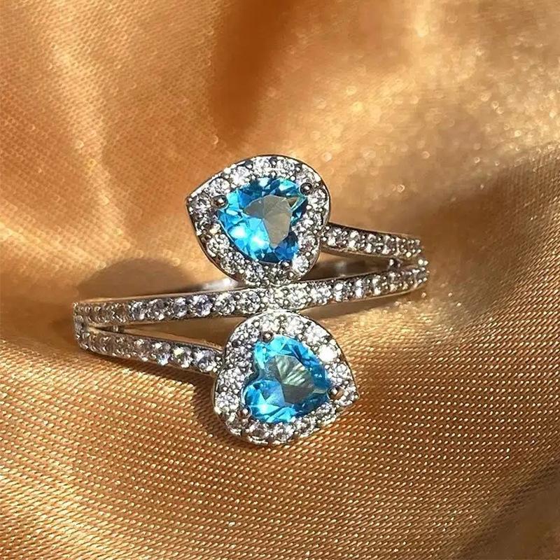Fashion Double Love Heart Aqua Blue Cubic Zirconia Rings For Women Engagement Jewelry Rings For Girlfriend Anniversary Gift