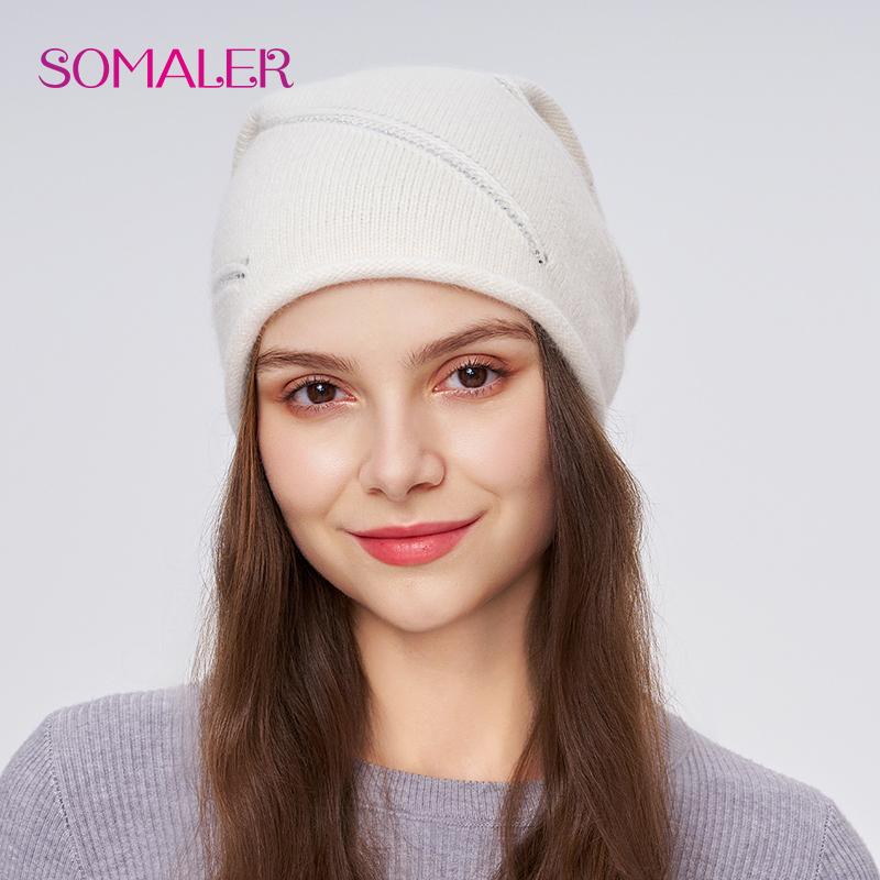 

SOMALER Женская зимняя шапка из ангоры, толстая теплая вязаная шапка-бини с драгоценными камнями, модный берет с отворотом, уличные шапки One Size белый