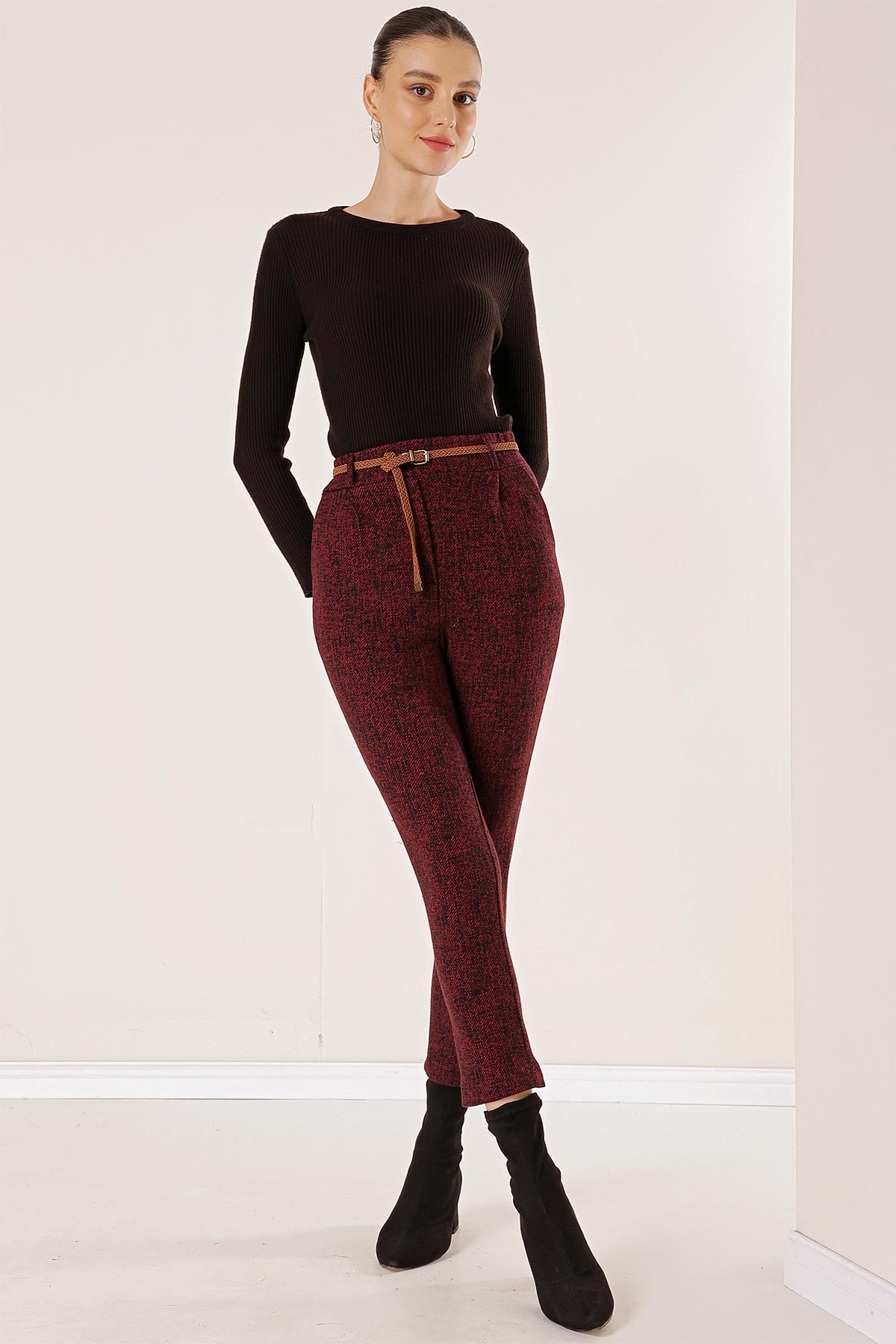 

Belted Waist Pocketed Snowflake Skinny Leg Trousers S кларет/красный