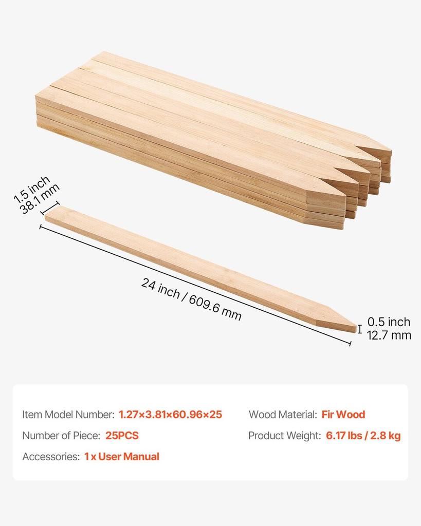 Trädgårdsstakar, 25 st 12,7×38,1×609,6 mm Mätnings- och uppmärkningspinnar, Trädgårdsmarkpinne med spetsig ända, Växtstödpinne av granved, Skyltpinnar