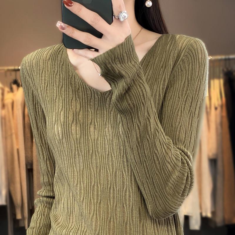 Neues V-Ausschnitt Hollow Bottoming Shirt Damen Pullover Kammgarnwolle leicht transparent lässig locker Pullover Top