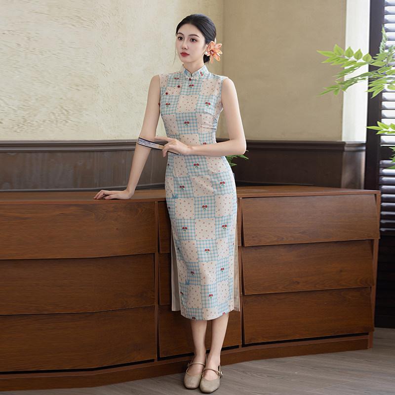 Plaid Sleeveless National Style New Chinese Daily Suzhou Long Cheongsam Improved Young 1011 New Women's High Sense