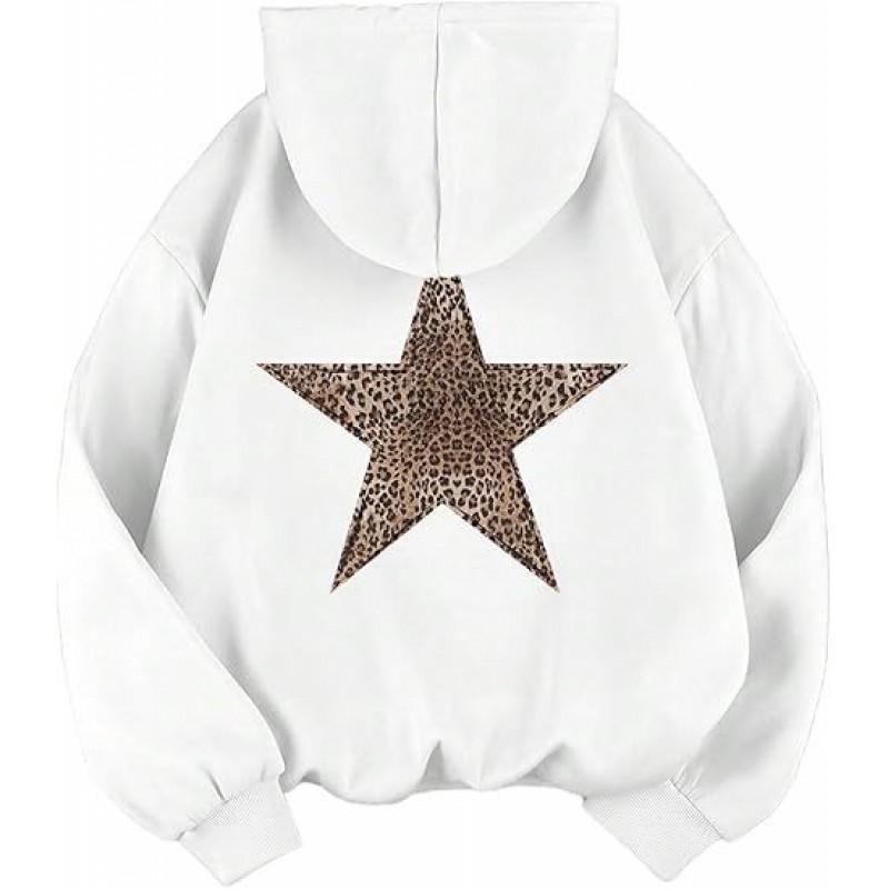 Womens Leopard Star Print Hooded Sweatshirt Casual Long Sleeve Pullover