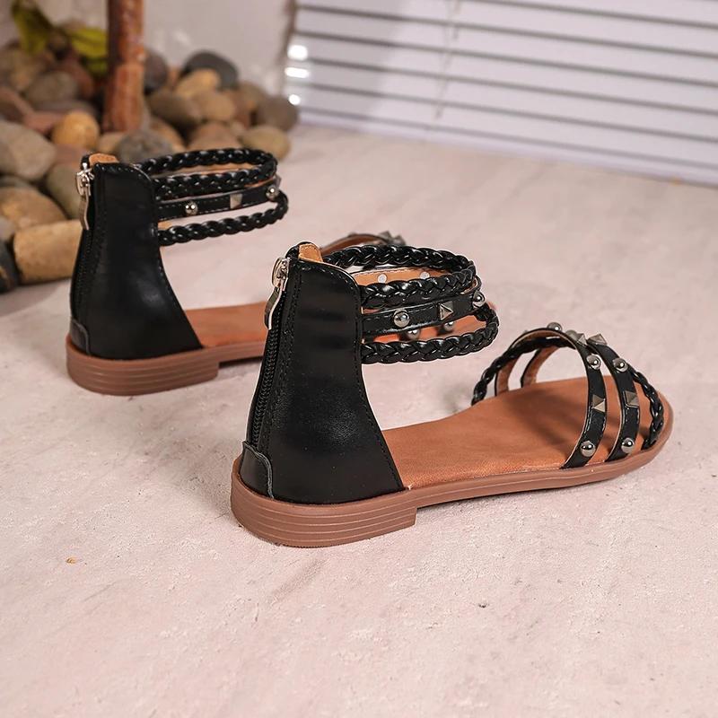 Fashion Summer New Sandals Fashion Round Head Open Toe Rivet Fine Strap Bag with Back Zipper Soft Sole Non-slip Flat Shoes