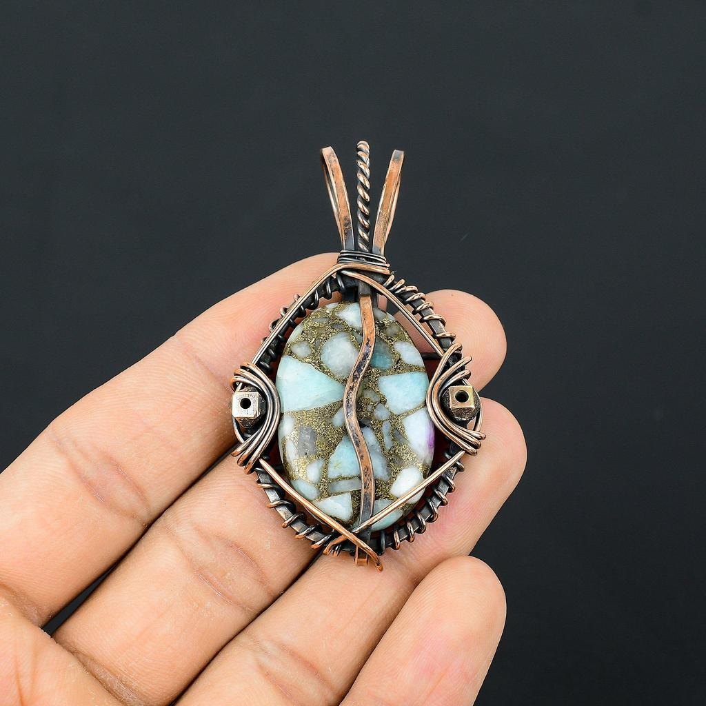 Copper Larimar Pendant Gemstone Handmade Jewelry, 999 Copper Wire Wrapped Pendant, Gift For Wife Jewelry