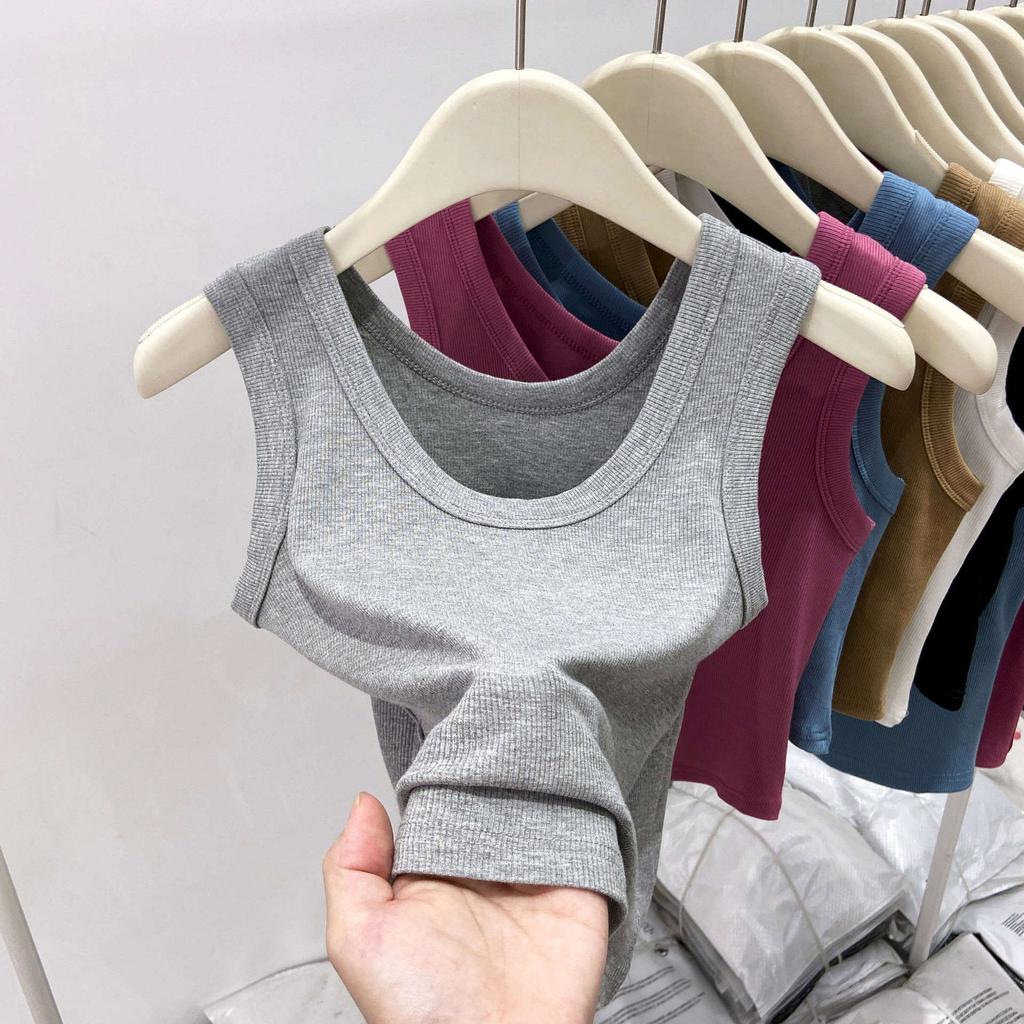 White Cover Double Breasts I-shaped Vest Women's Outer Wear Elastic Thread Inner Top Spring and Summer Basic Sleeveless Suspenders