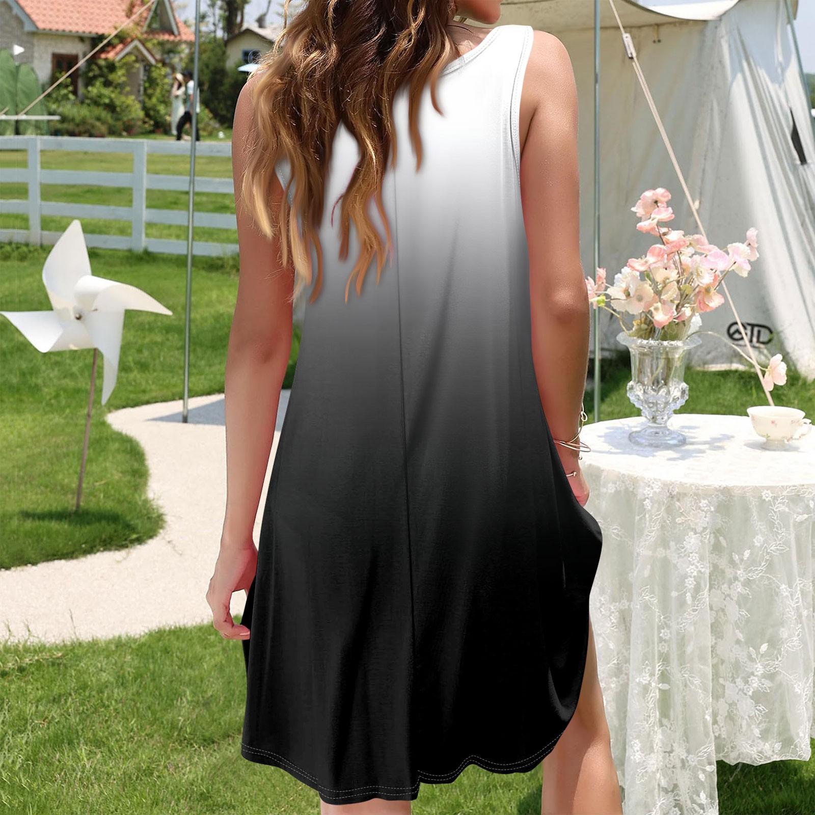 Женская мода Лето с круглым вырезом без рукавов Повседневная распашная Свободные платья — фото 6