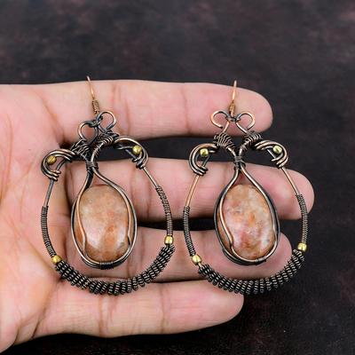 Sunstone Earring Copper Wire Wrapped Earring Designer Handmade Earrings Wire Wrap Jewelry Awesome Gemstone Earring Copper Jewelry For Gifts