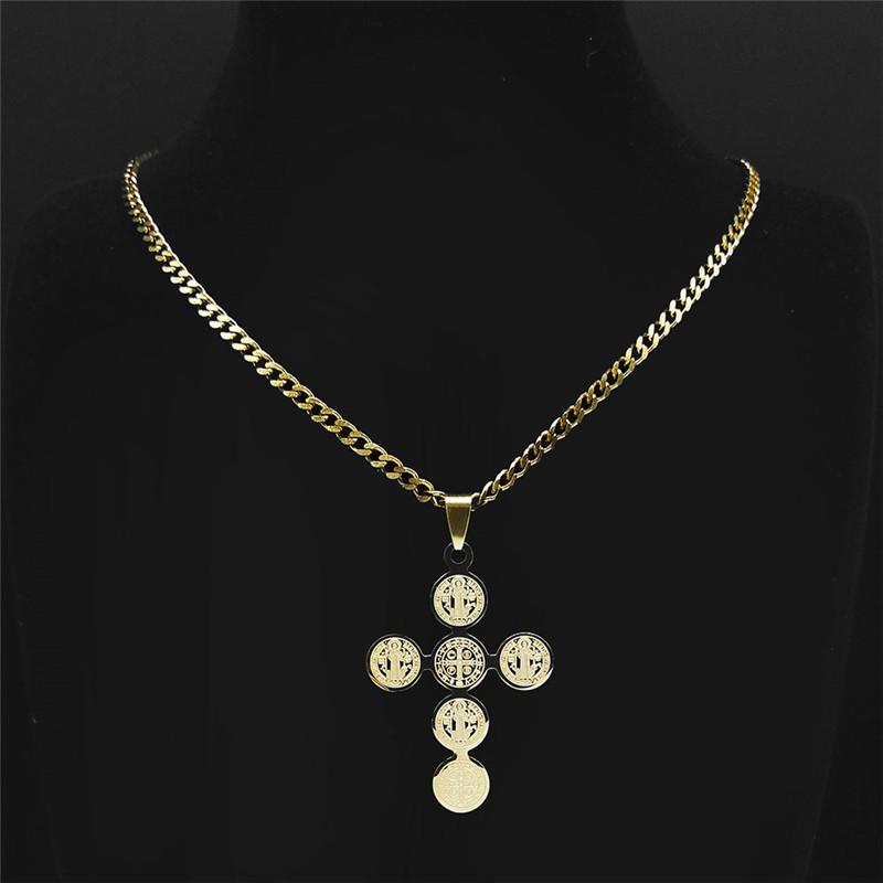 Fashion Stainless Steel Cross Necklace for Women Men Saint Benedict Gold Color Necklaces Jewelry Gifts Collar Cruz N3450S05