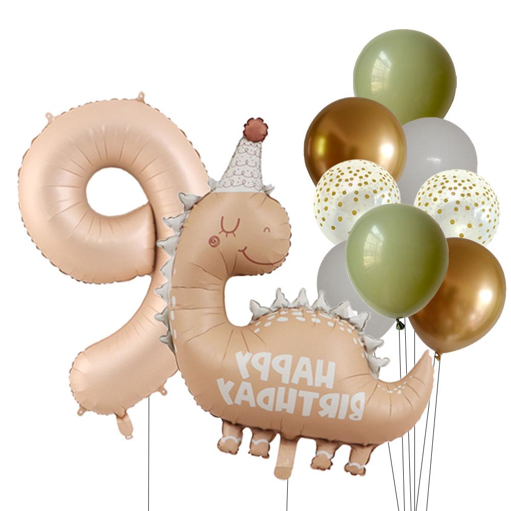 Retro Matte Caramel Colored Dinosaur Aluminum Film Number Balloon Set Happy Birthday Party Decoration Kids Background Photo Prop