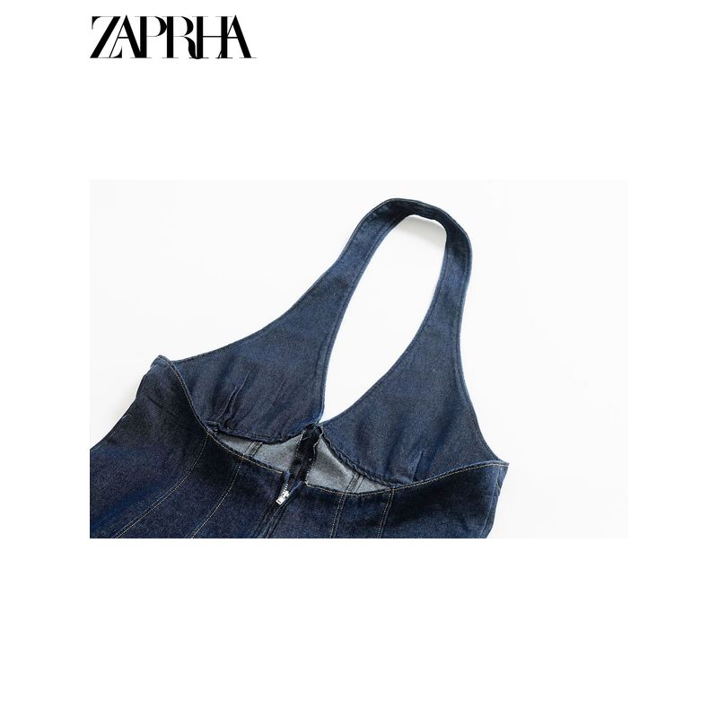 Zaprha 2025 New A Word Waist Hugging Neck Collar Cotton Denim Denim Sling Short Dress 6929086