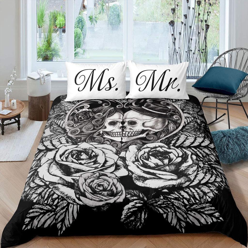 Sugar Skull Comforter Cover Set Teen Girl Bedding Set,Sugar Skull Decor Bedding Skull Roses Floral Print Duvet Cover Set