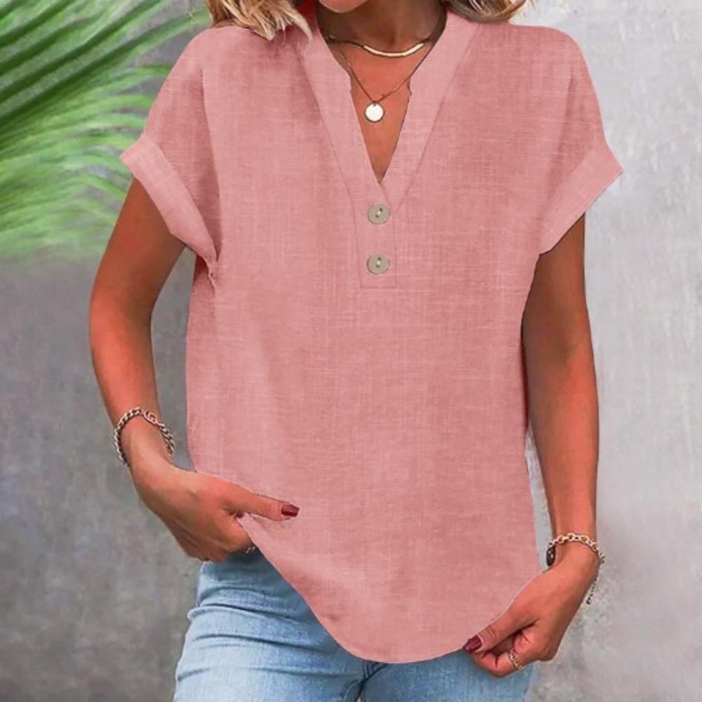 Women Summer Solid Color Stand Collar Button Short Sleeve Casual Shirt Blouse