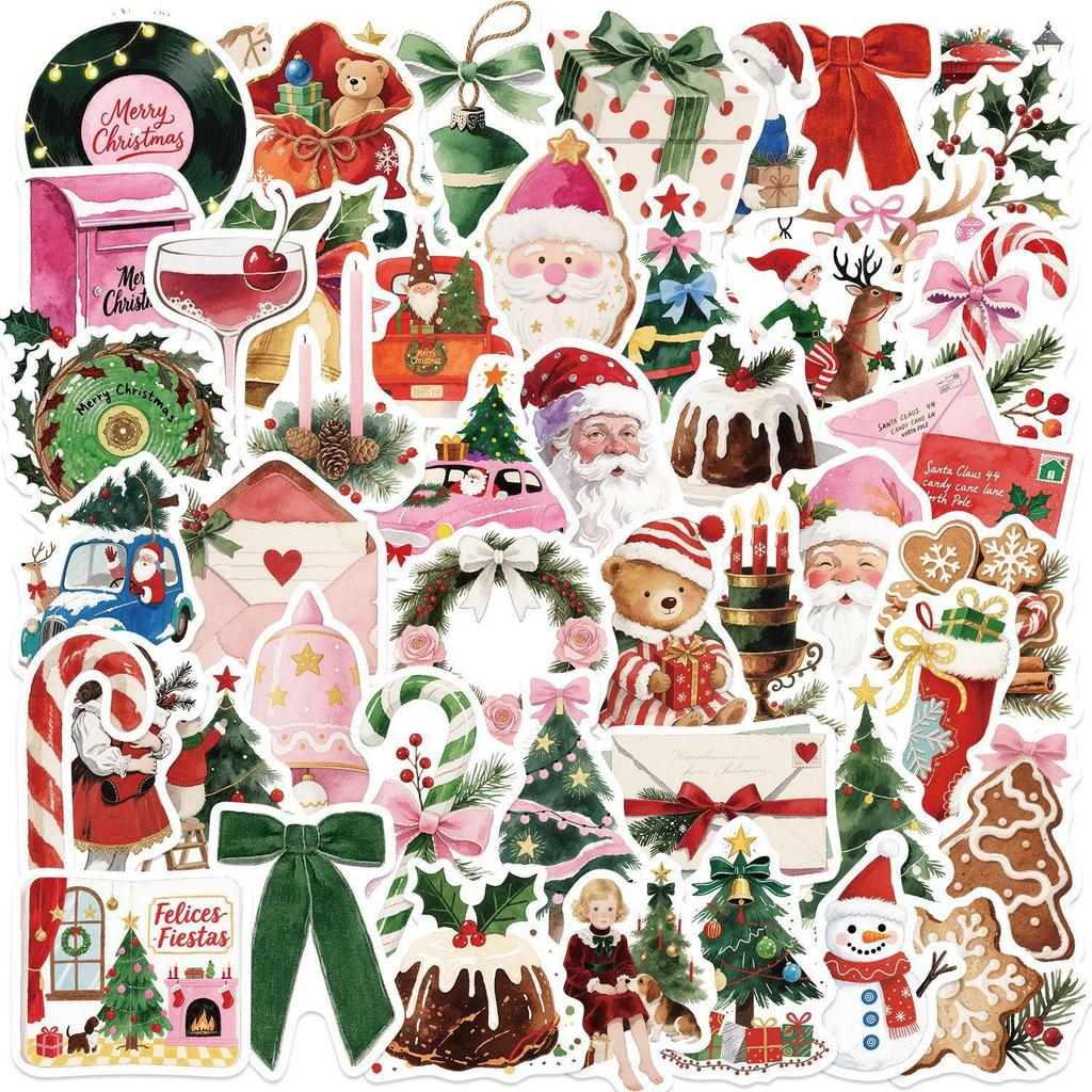 50 Cartoon Christmas Aesthetic Sticker Sheets for Decoration - Waterproof & Ideal for Guitars, Notebooks, Luggage, DIY Projects