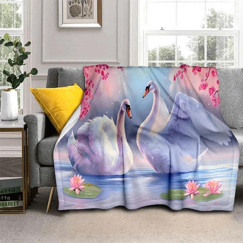 Romantic Swan Themed Blanket Couple Soft Flannel Blanket Holiday Gifts Air Travel Blanket