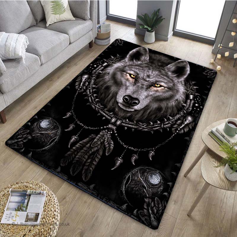 1 Stück Stilvoller Wolf Traumfänger Muster Anti-Rutsch Küchenteppich für Küche Wohnzimmer Schlafzimmer Waschbarer Flanell Teppich
