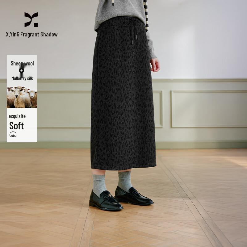 Xiangying Women s Gray Leopard Print Wool Blend Midi Skirt S