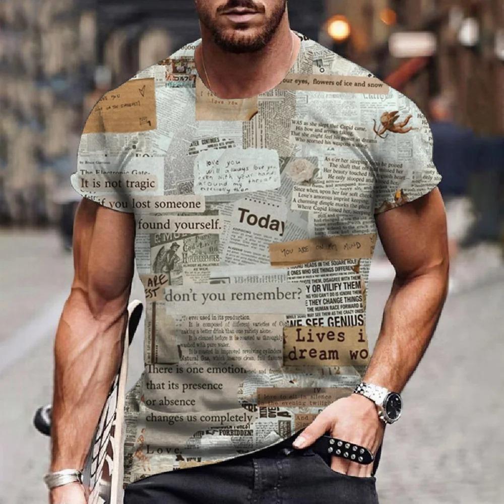 Classic Retro Old Newspaper Men's Printed T-shirt Casual Fashion Hip Hop Fun Loose Short Sleeve Street Trend Large Top