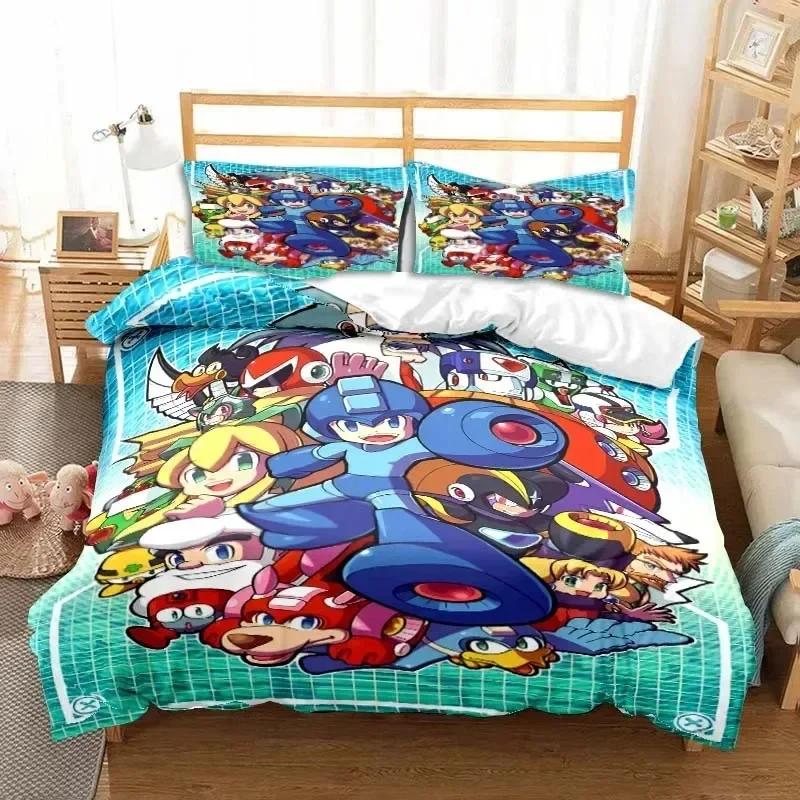 Rockman Megaman Game Cartoon Bedding Set Printed With Pillowcase Bed Duvet Cover Soft Queen King Size Bedclothes Home Boys Gift