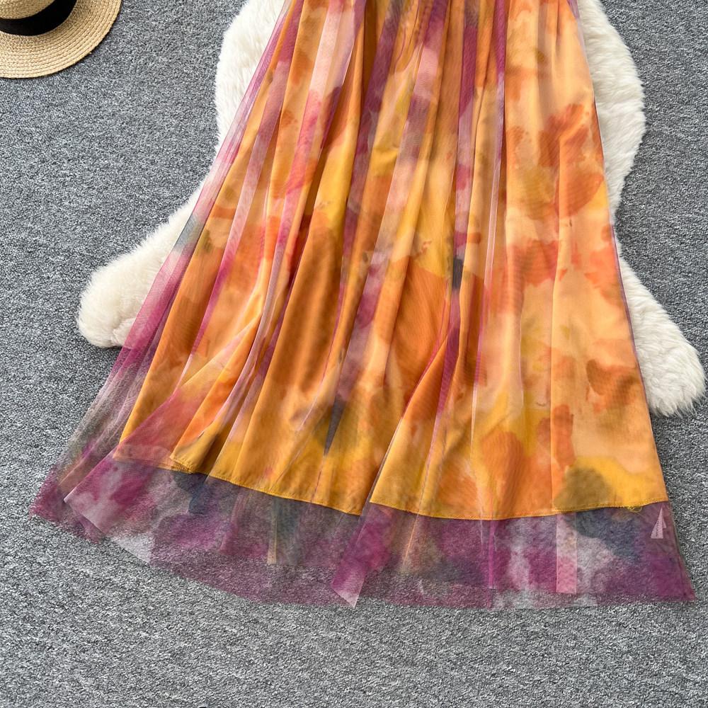 Holiday style smudged neck suspender dress women's summer V-neck waist careful mesh fairy temperament long dress