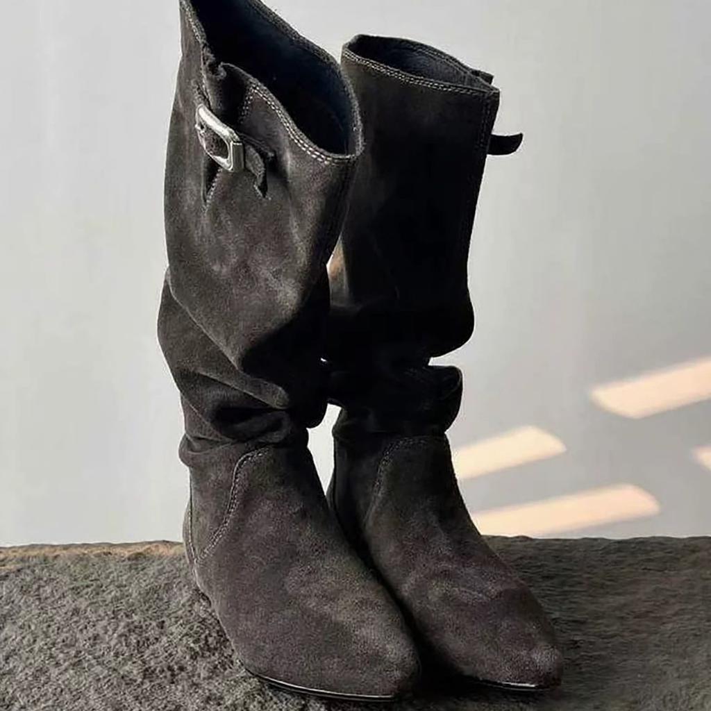 Sheepskin version~ Pile boots belt buckle skinny boots pointed low heel retro western cowboy boots female knight boots
