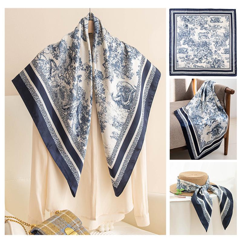2026 Korean atmosphere simulation silk scarf 90 small square scarf women s fresh autumn professional wear temperament printed scarf 90*90cm