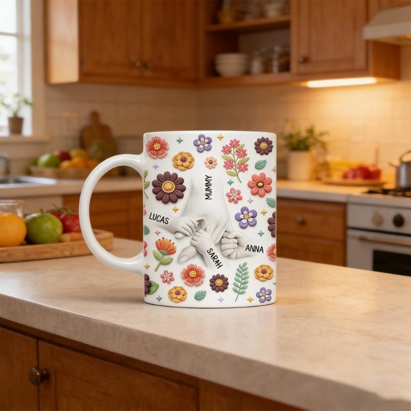 Artistic Florals Print Ceramic Mug Holding Mum Hand Designs Drinking Cup Great For Home Offices Or Cafes