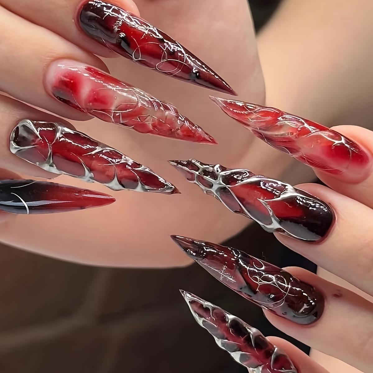 

Red Press on Nails Long Stiletto Fake Nails with Designs Tips Almond False Nails Full Cover Acrylic Glue on Nails Reusable Stick on Nails for Women