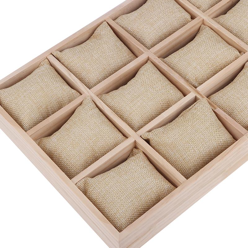 Drewniany 12-miejscowy organizer na zegarki, biżuterię i bransoletki z wyjmowanymi poduszkami flanelowymi