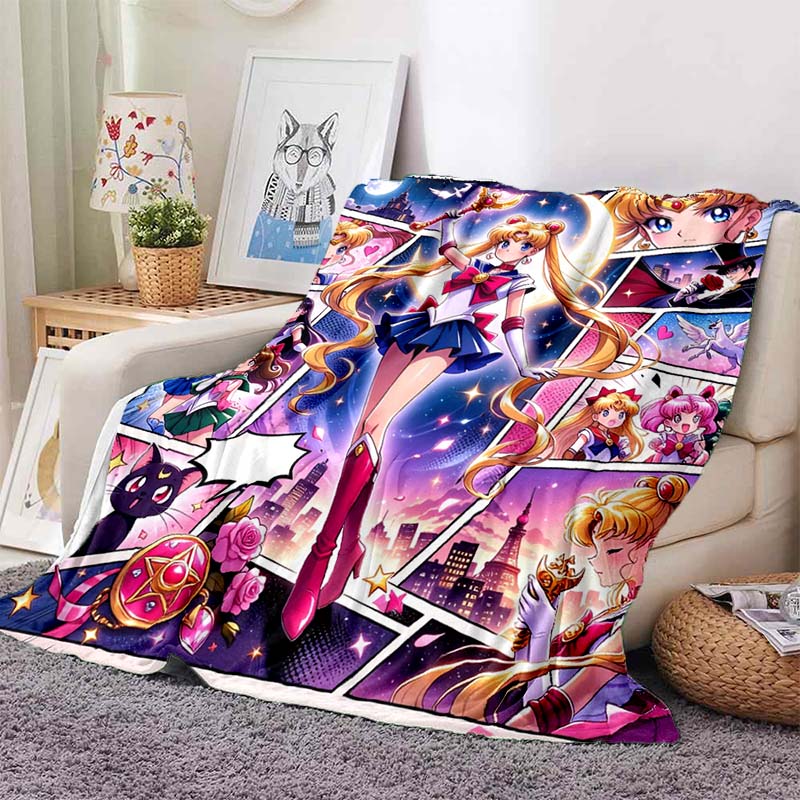 HD S-Sailor M-Moon Flannel Throw Blanket 3D Cartoon Print Soft Warm Lightweight Sofa Bed Cover Girls Bedroom Travel Decor Gift