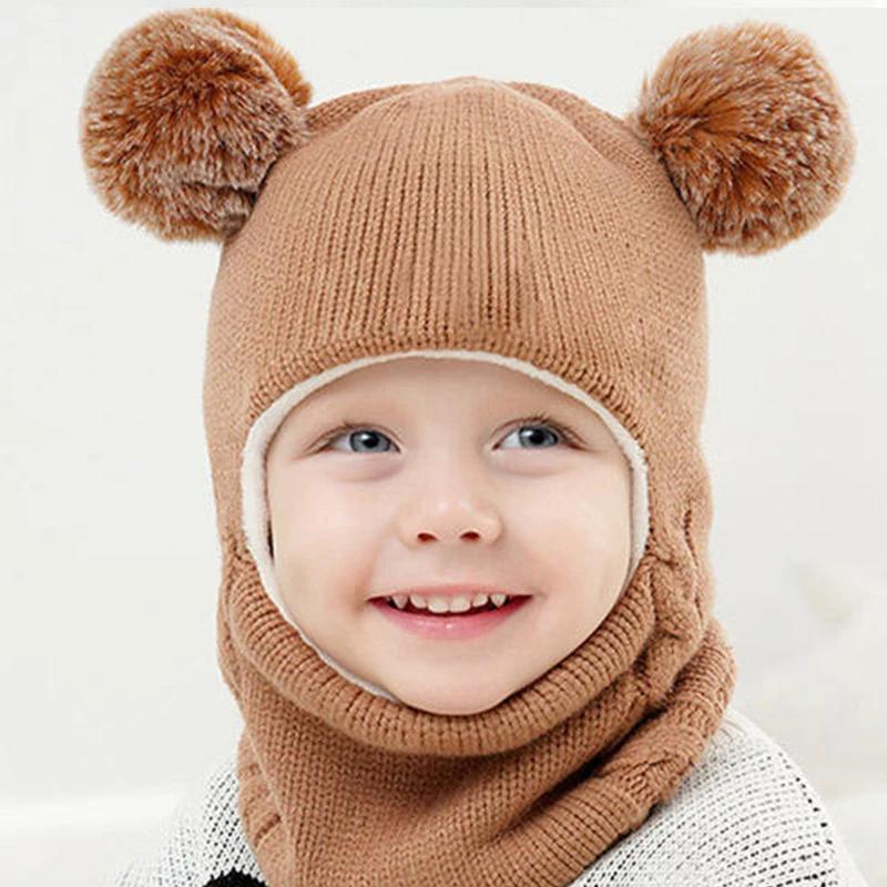 New Baby Boy Girl Hats Scarf All In One Winter Thicken Plus Velvet Face Ear Protection Knitted Cap Outdoor Toddler Kids Warm Hat