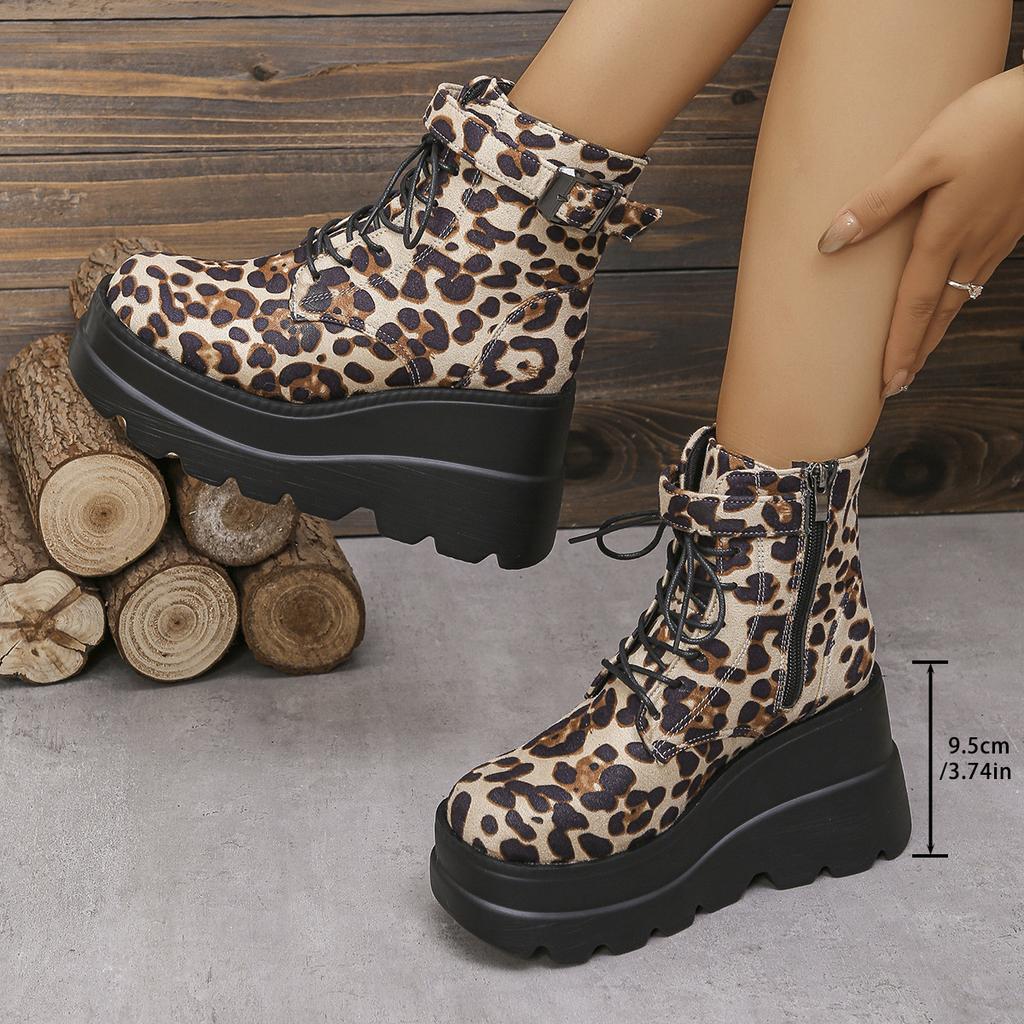 Fashion 2025 Ladies Shoes Large Size Ankle Women's Boots High Heel Modern Boots Women Leopard Side Zip Front Lace-up Wedge Female Shoes