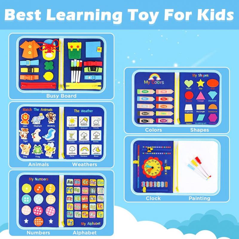 Busy Board Sensory Montessori Toys 10 Pages Quiet Book for Kids Preschool Learning Activities W/ Life Skills Alphabet Number Shape Weather