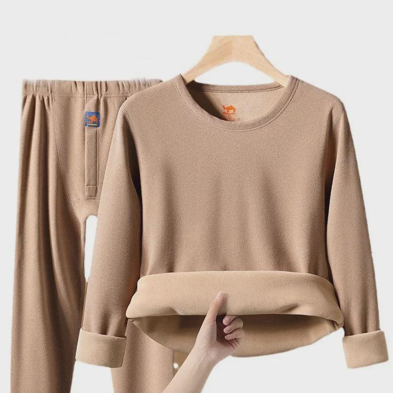 "Ultra-Thick Camel Hair Thermal Underwear Set - Unisex Round Neck Plus Velvet, Cold-Proof for Autumn and Winter"