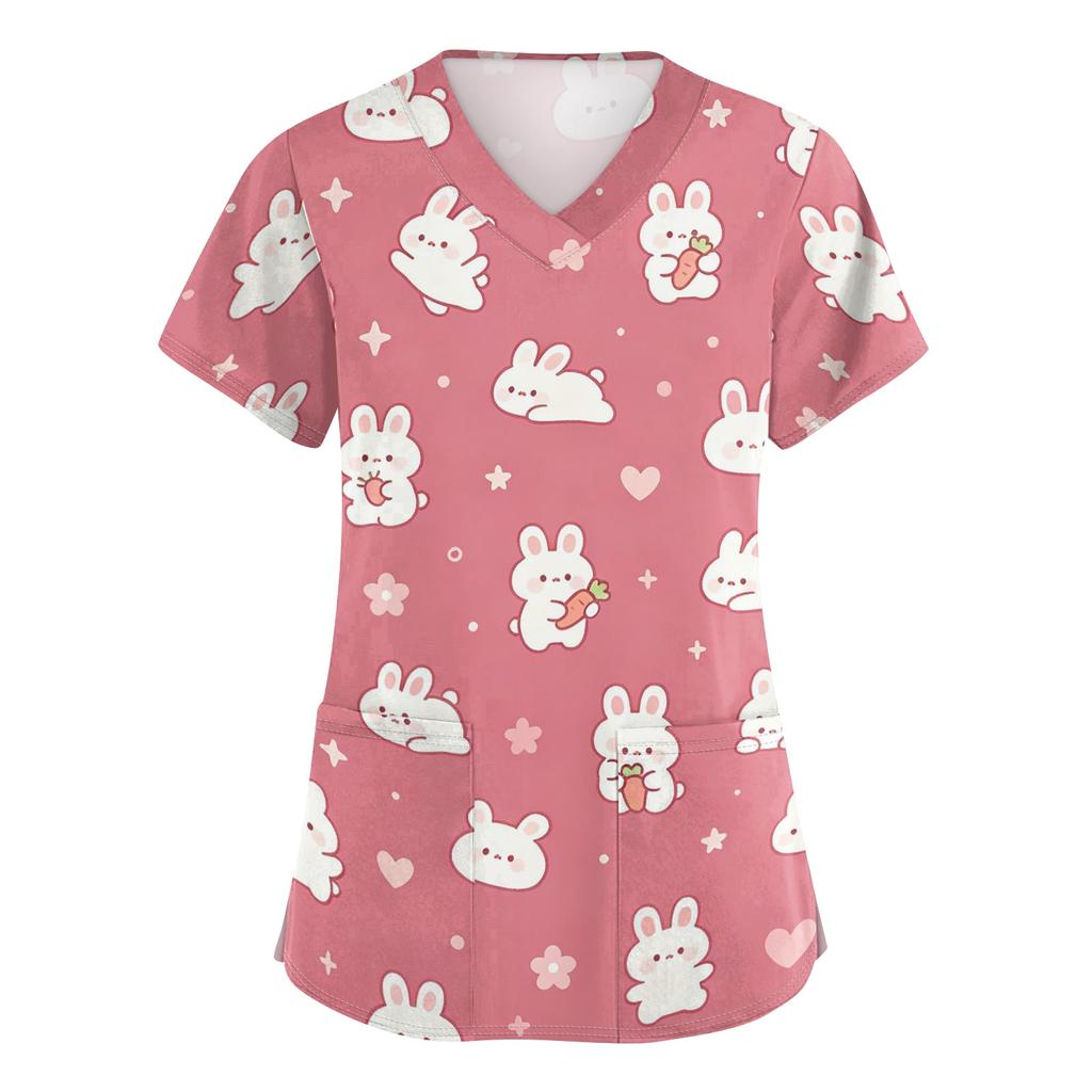 Damen V-Ausschnitt Kurzarm Arbeits-Top mit Taschen Tierprint Professionelle Uniform Pflegekittel für medizinisches und Pflegepersonal
