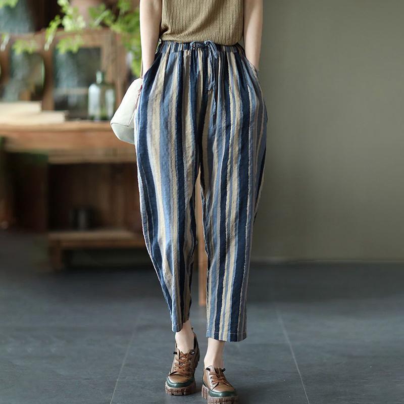 Pants Summer Women Cotton Stripes Pants Plus Size Loose Pajama Pants Versatile Casual Linen Pants