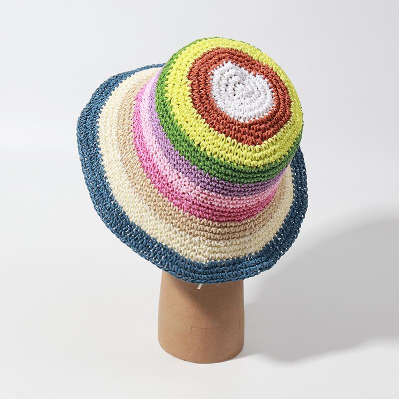 Hand Crocheted Rainbow Circle Bucket Hat Women's Striped Sun Hat Day Pot Hat Spring and Summer New Straw Hat Foldable