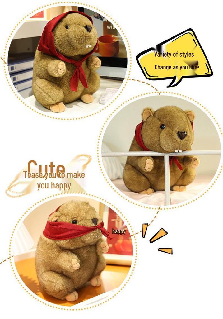 Red Scarf Marmot Plush Toy - Cute Mouse Figurine & Realistic Beaver with Big Incisors, Perfect Kids' Birthday Gift