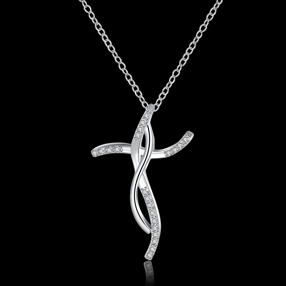 Hot Charm 925 Sterling Silver Necklace for Women Fashion Jewelry Creative Cross Crystal Pendant Girl Gifts Wedding Party