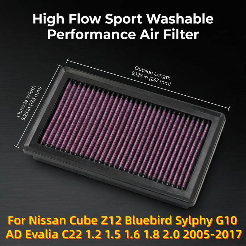 

For Nissan Cube Z12 Bluebird Sylphy G10 AD Evalia C22 1.2 1.5 1.6 1.8 2.0 2005-2017 High Flow Washable Performance Air Filter