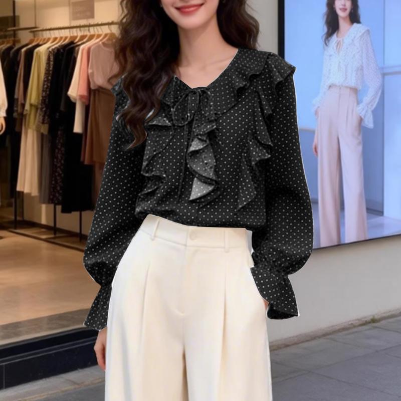 ZANZEA Women Casual Ruffles V-Neck Loose Long Sleeve Polka Dot Print Blouse