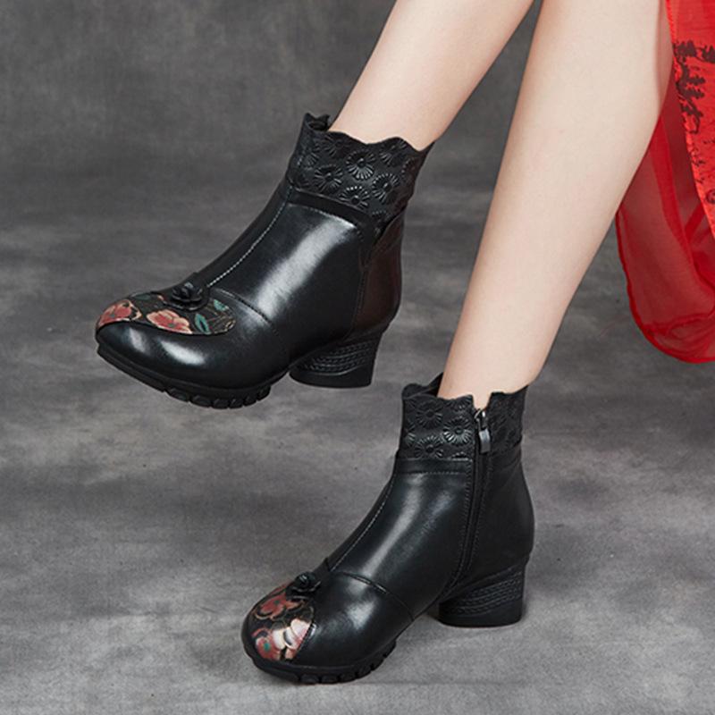 Ethnic Style Fall and Winter Women's Boots Head Layer Cowhide Thick with Soft Bottom Waterproof Boots Round Head Fashion Cotton Shoes