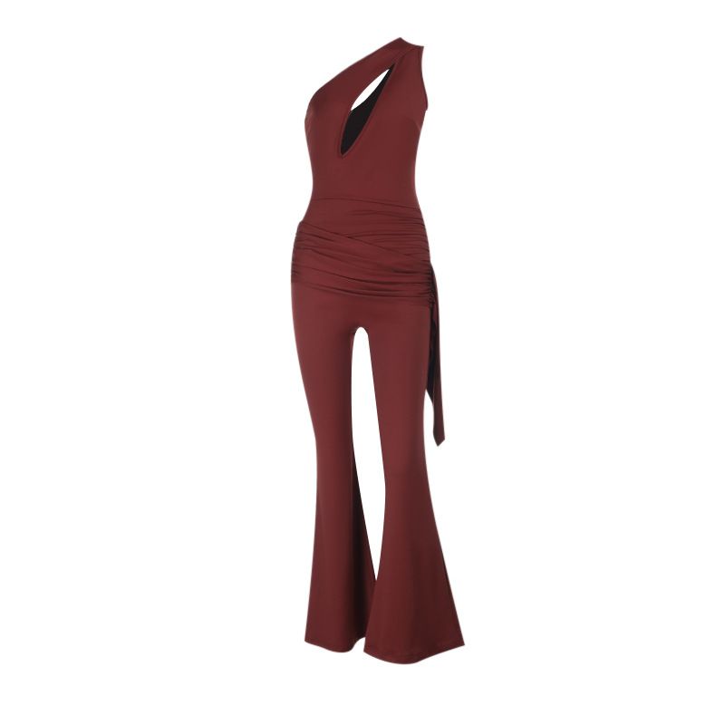 

Outfitgirl European and American Sexy Sexy Open Back Ribbon Jumpsuit Women s Stylish Niche Style High Waist Slimming Pants Reddish Brown L