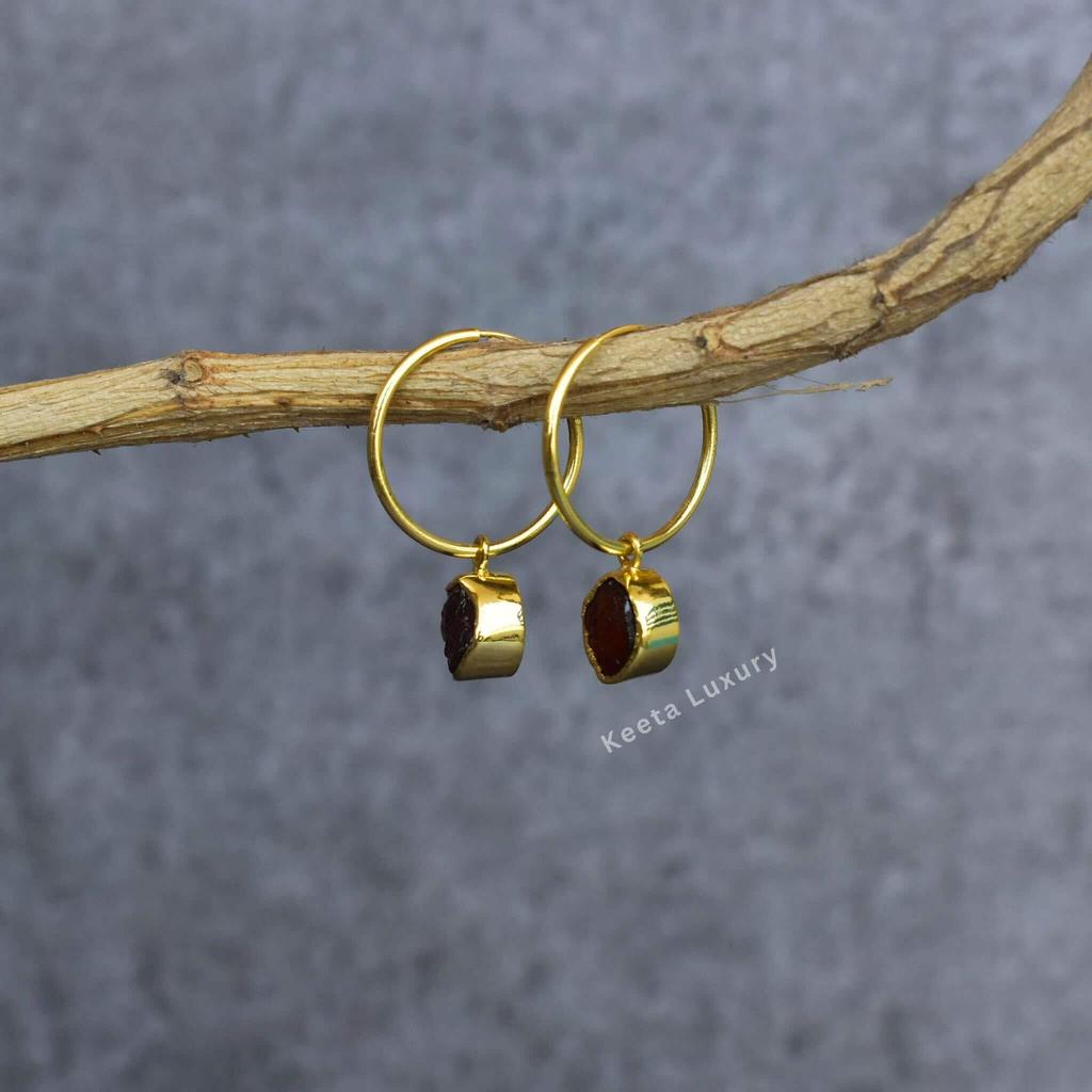 Natural Raw Garnet earrings Red Garnet small hoop earrings for daily wear Raw gemstone earrings Handmade earrings Bridesmaid jewelry