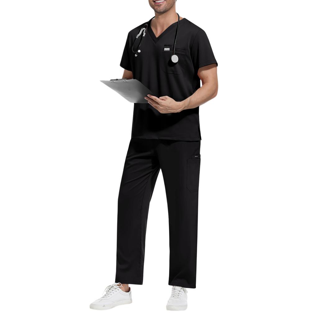 Men's Loose And Comfortable V-neck Short Sleeved Workwear With Tie Up Top And Waist Cinching Beauty Suit Set
