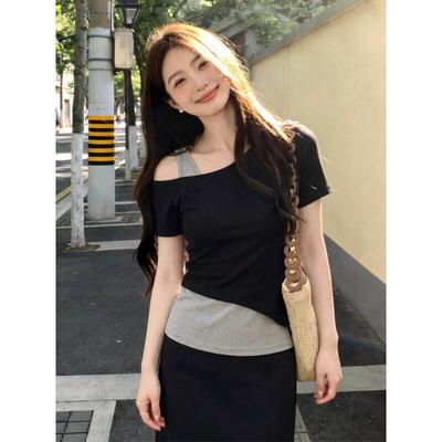 Korean Irregular Slanted Shoulder Short-sleeved T-shirt for Women's Summer Great-looking Fake Two-piece Design Slim-fitting Off-the-shoulder Top