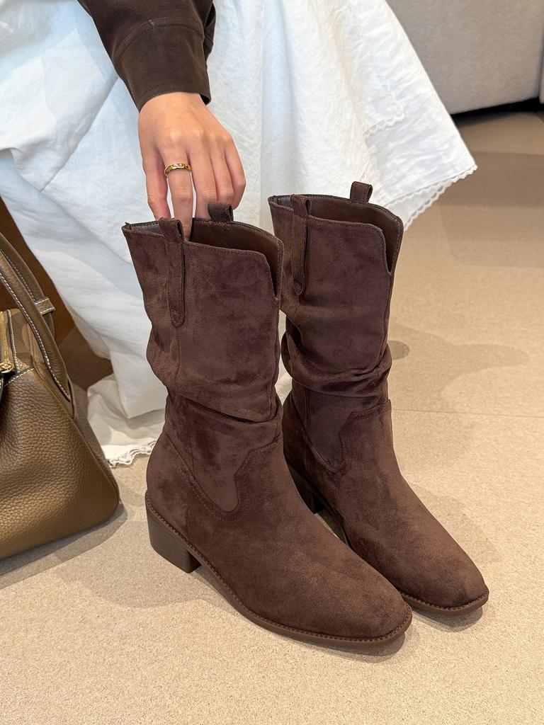 Well worn! Ruth square head ruffled thick heel mid boots western boots